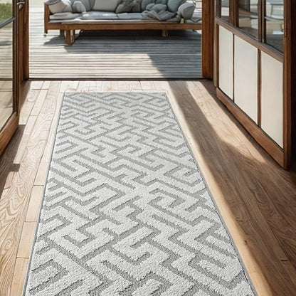10ft Custom Cut Runner Rug for Narrow Hallways Kitchens - Deco Grey | Non-Slip | Washable & Edge Bound