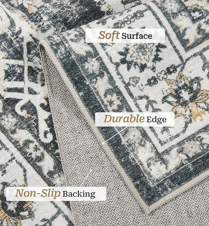 zesthome Area Rug 8x10,Ultra-Thin Washable Rugs for Living Room, Non-Slip Backing Area Rugs,Small Entryway Rug,Vintage Medallion Pattern Rugs (Black,8'x10')