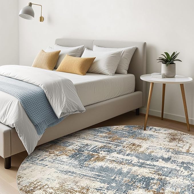 Round Rug Living Room Rugs: 8Ft Washable Circle Large Abstract Modern Soft Stain Resistant Non Slip Indoor Floor Carpet for Bedroom Nursery Office Dining Room Dorm Home House Decor- Tan Blue