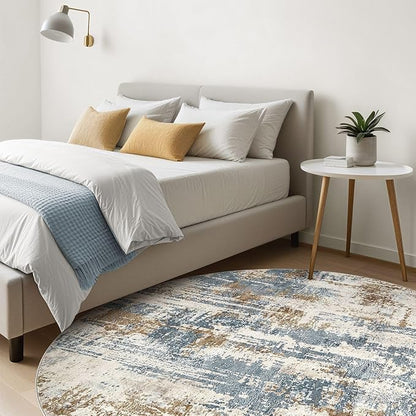 Round Rug Living Room Rugs: 10Ft Washable Circle Large Abstract Modern Soft Stain Resistant Non Slip Indoor Floor Carpet for Bedroom Nursery Office Dining Room Dorm Home House Decor- Tan Blue