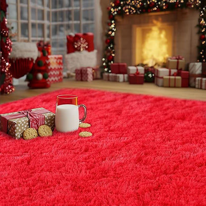 Red Fluffy Rug Plush Carpet for Bedroom Dorm, Non-Slip High Pile Rug, Shag Rug for Playroom Nursery Home Office Decor 8X10 Ft