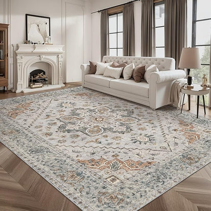 Tangsoo 8x10 Area Rug for Living Room, Washable Vintage Rugs Indoor Non Slip Large Area Rugs, Print Distressed Grey Carpet, Soft Low Pile Foldable Floor for Bedroom Dining Room Dorm
