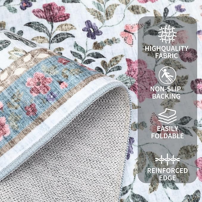 GarveeHome Washable Runner Rug 2 x 6 Non-Slip Non-Shedding Soft Vintage Bedside Rug, Low Pile Farmhouse Floral Carpet, Indoor Foldable Printed Entryway Rug for Hallway Kitchen, Light Blue