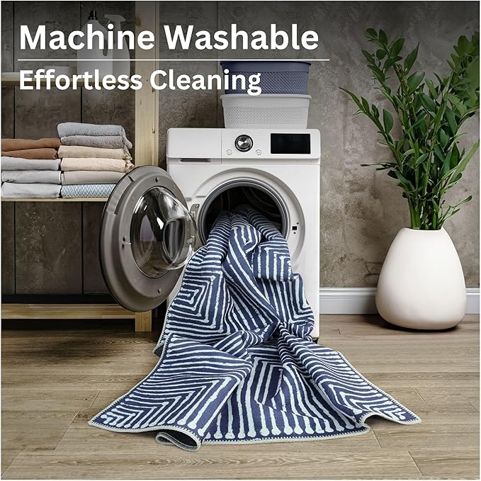 Bloom Rugs Washable Non-Slip 9' x 12' Rug - Blue Striped Area Rug for Living Room, Bedroom, Dining Room, and Kitchen - Exact Size: 9' x 12'