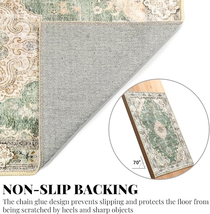 MUJOO Hallway Runner Rug - Machine Washable Non Slip Boho Green Runner for Hallways, Entryway, Kitchen, Bathroom, Bedside - Retro Soft Low-Pile 2'x6' Blossom