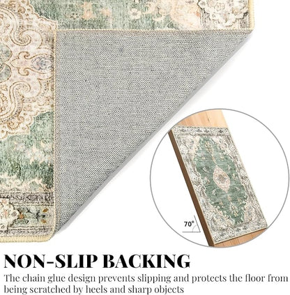 MUJOO Hallway Runner Rug - Machine Washable Non Slip Boho Green Runner for Hallways, Entryway, Kitchen, Bathroom, Bedside - Retro Soft Low-Pile 2'x6' Blossom