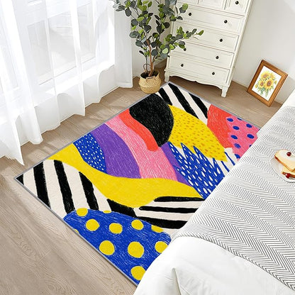 Pop Art Living Room Rug - Colorful Abstract Color Block Rug, 7x9 Area Rugs, Hippie Aesthetic Funky Washable Foldable Large Carpet Home Decor #C011