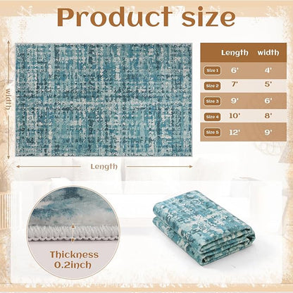 9x12 Abstract Area Rugs for Living Room, Modern Teal Blue Washable Indoor Rug for Bedroom, Thin Soft Large Non-Slip Carpet for Dining Room Home Office Farmhouse Decor