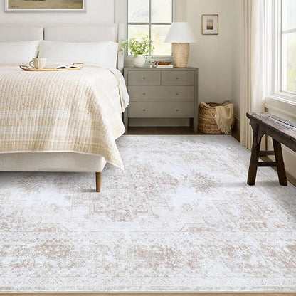 Area Rug 6x9 Living Room Rug, Machine Washable Vintage Distressed Medallion Rug Non-Slip Soft Low Pile Large Indoor Rugs for Bedroom Kitchen Dining Room Office(Beige,6'x9')