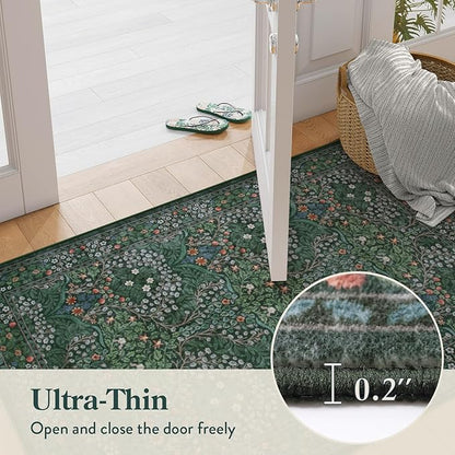 Lahome Floral Washable Runners for Hallways, 2x6 Runner Rug Non Slip Ultra-Thin, Boho Soft Hallway Rug Forest Green Carpet for Kitchen Bedroom Bathroom Laundry Room, Dark Green