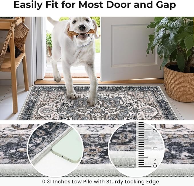 KOZYFLY Boho Area Rug 6x9 Ft Thin Washable Rugs for Bedroom and Living Room Faux Wool Printed Throw Carpet Non Slip Rug for Entryway Kitchen Dining Room, Black/Taupe/Beige