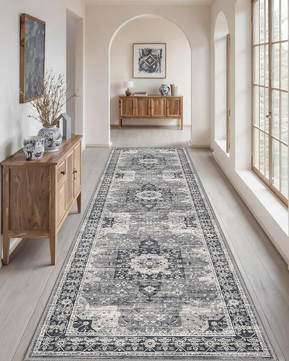 DEXI Hallway Runner Rug 3x12, Distressed Non Slip Runners Carpet, Boho Vintage Soft Thin Indoor Rug, Stain Resistant Washable Entry Mat for Entryway Kitchen Laundry Room Living Room, Blue Grey