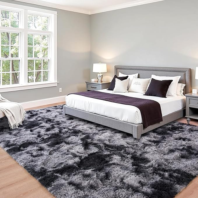 Beglad Shag Rugs for Living Room, Area Rugs 5x7 Feet Upgrade Anti-Skid Modern Minimalist Style Memory Foam Rugs for Bedroom, Indoor Carpet Suitable for Boys Room Decor, Tie-Dyed Dark Grey