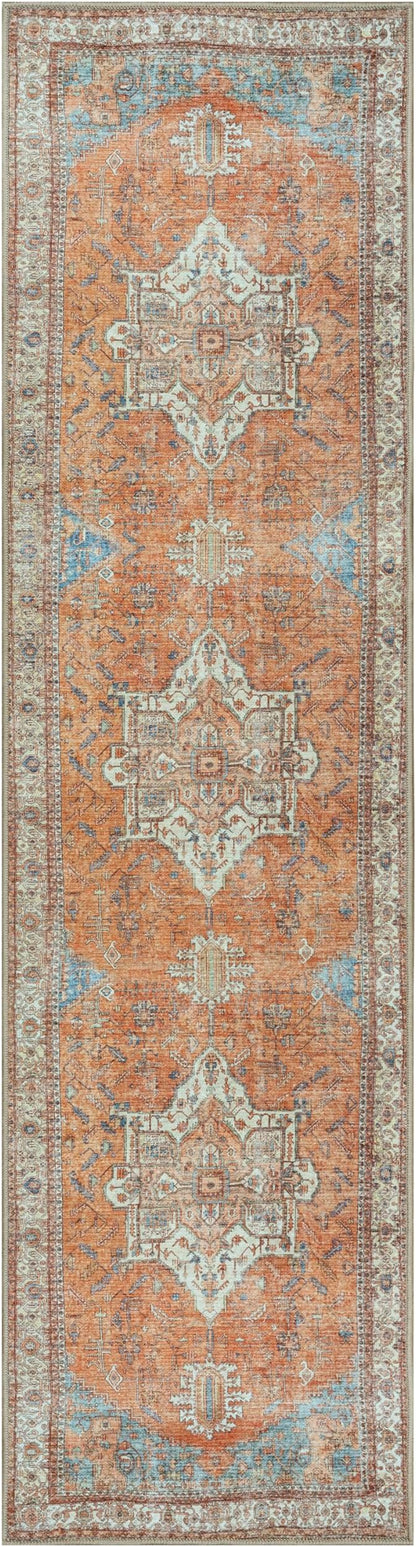 GLN Rugs Traditional Collection - Machine Washable Area Rug, Traditional Washable, Non Slip, Low Pile Chenille Rug, Living Room, Bedroom, Kitchen Rug (2'6" x 10' Terra/Multicolor)