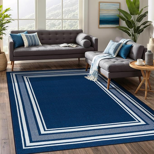 Beverly Rug Non Slip Area Rugs 8x10 Modern Bordered Non Skid Rubber Backing Soft Area Rug for Living Dining Room Easy to Clean Non Shedding Kitchen Bedroom Indoor Carpet 8 x 10 Navy