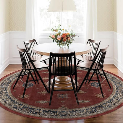 RUGGABLE Washable Vintage Area Rug – Verena Amber Red 8 ft Round, Stain-Resistant, Non-Slip – Large Machine Washable Rugs for Living Room, Bedroom, Hallway, Entryway & Office–with Standard Pad