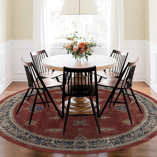RUGGABLE Washable Vintage Area Rug – Verena Amber Red 8 ft Round, Stain-Resistant, Non-Slip – Large Machine Washable Rugs for Living Room, Bedroom, Hallway, Entryway & Office–with Standard Pad