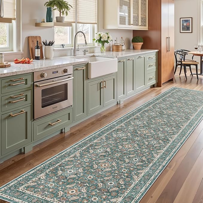 WITSHOCK Washable 3x12 Long Runners Rugs for Hallways,Vintage Neutral Hallway Rugs for Entryway Kitchen Bedroom,Vintage Farmhouse Home Decor(Teal Blue,3x12)