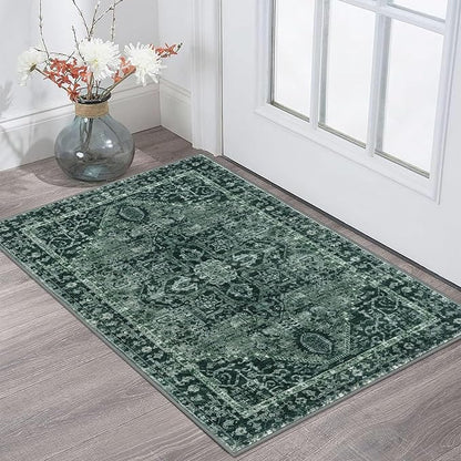 KOZYFLY Small Area Rug 2x3 Ft Rugs for Entryway Washable Boho Entry Rug Non Slip Door Mat Indoor Entrance Faux Wool Vintage Printed Kitchen Rug Throw Rugs for Entrance Kitchen, Dark Green