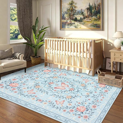 GarveeHome 8x10 Area Rugs for Living Room Washable Rugs Non Slip Stain Resistant Bedroom Floral Rugs Low Pile Soft Dining Room Throw Carpet Blue Bow Large Carpet for Home Office Decor, 8x10