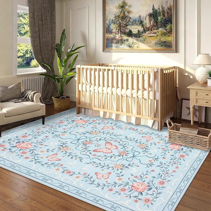 GarveeHome 3x5 Small Area Rug for Bedroom Floral Washable Rugs Non Slip Stain Resistant Living Room Throw Carpet Low Pile Dining Room Blue Area Rug Butterfly Bow Rugs for Nursery Home Decor, 3x5