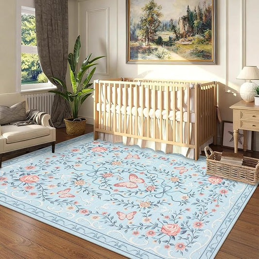 GarveeHome 3x5 Small Area Rug for Bedroom Floral Washable Rugs Non Slip Stain Resistant Living Room Throw Carpet Low Pile Dining Room Blue Area Rug Butterfly Bow Rugs for Nursery Home Decor, 3x5