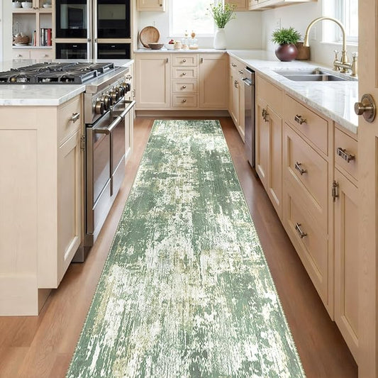 Washable Area Rugs 2'x10' Non-Slip Modern Abstract Soft for Living Room Entryway Bedroom Nursery, Print Pattern, Light Green/Yellow