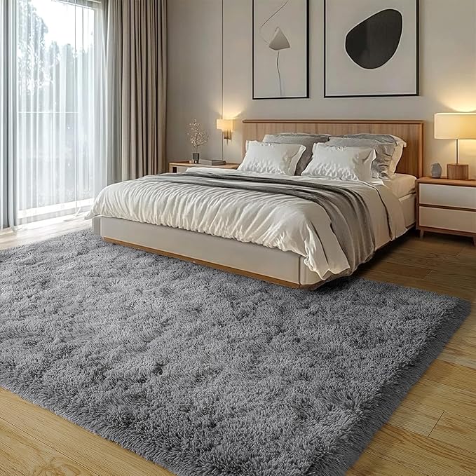 Dark Gray Fluffy Rug Plush Carpet for Bedroom Dorm, Non-Slip High Pile Rug, Shag Rug for Playroom Nursery Home Office Decor 6X9 Ft