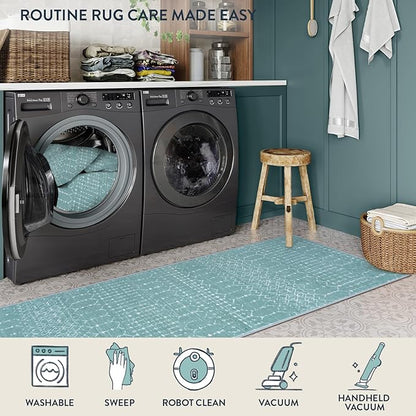 Lahome Moroccan Washable Runner Rug 2x8 Green Non-Slip Rug Runner for Hallway Stain Resisitant Kitchen Carpet, Geometric Print Distressed Soft Untra-Thin Floor Carpet for Kitchen Bedroom Entryway
