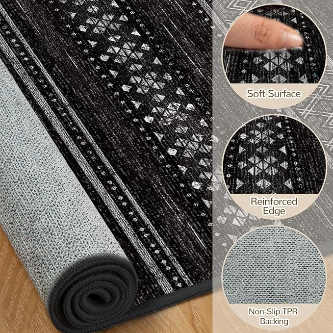 BESTSWEETIE 6x9 Area Rugs for Living Room Washable Moroccan Farmhouse Neutral Geometric Low Pile Non-Slip Soft Print Pattern Rug for Bedroom Kitchen Dining Room Entryway Black/White