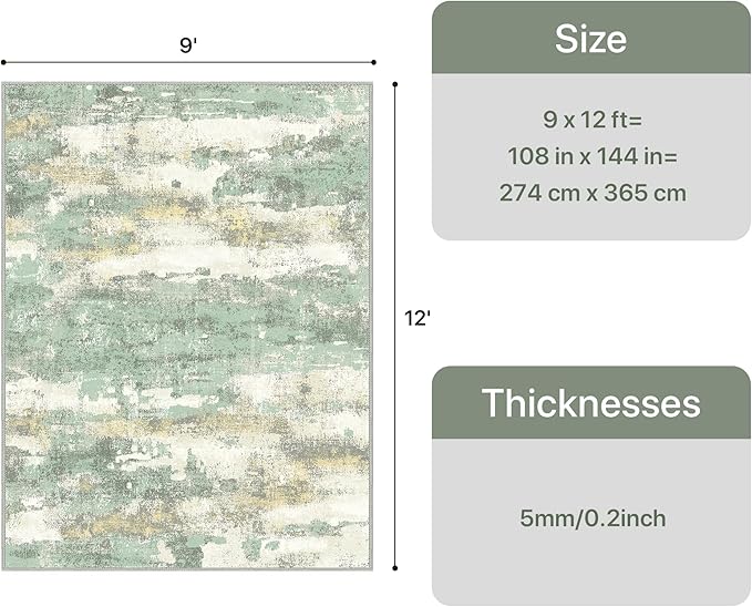 GENIMO Abstract Area Rug 9x12, Washable Large Modern Rug Non Slip, Low Pile Lightweight Soft Carpet for Living Room, Bedroom, Dining Room, Light Green