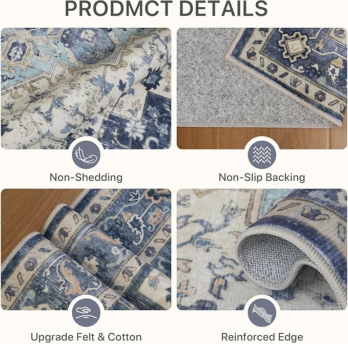 2'6''x10 Runner Rugs for Hallway, Machine Washable Non Slip Vintage Rugs, Low Pile Lightweight Soft Print Rug for enrtyway, Corridor, Home Office, Kitchen, Center Blue