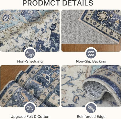 2'6''x10 Runner Rugs for Hallway, Machine Washable Non Slip Vintage Rugs, Low Pile Lightweight Soft Print Rug for enrtyway, Corridor, Home Office, Kitchen, Center Blue