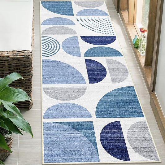 MUJOO Runner Rug Washable,Blue 2x6 Area Rugs for Hallways Kitchen Bathroom Bedroom Entryway,Non Slip Carpet Long Mat Indoor,Boho Soft Modern Abstract Navy Blue