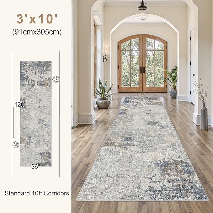 3X10 Washable Runner Rug for Hallway: Soft Neutral Modern Abstract Area Rug - Non-Slip Low Pile Long Throw Indoor Carpet for Kitchen Entryway Kitchen Bedroom Laundry - Blue Grey