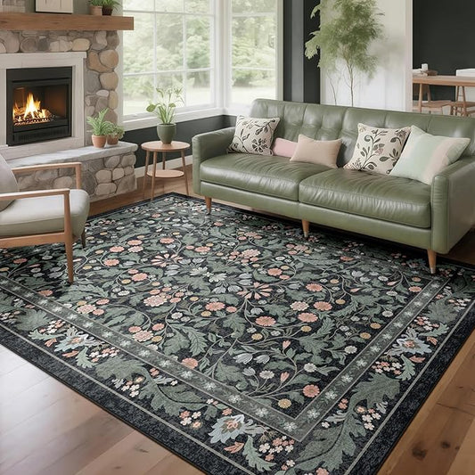 Dark Green Floral 5x7 Area Rugs for Living Room Large Washable Rug Vintage Forest Low Pile Non Slip Stain Resistance Soft Carpet for Dining Room, Bedroom, Office Rug, Kids Room, Nursery Room, Playroom