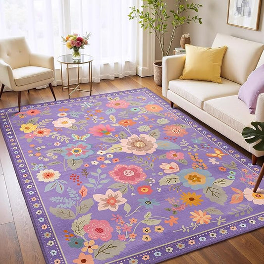 Floral 3x5 Area Rug Machine Washable Soft Print Boho Carpet Non Slip Doormat Low Pile Flower Area Rugs for Living Room Bedroom Nursery Kitchen Dining Room Indoor-Purple/Pink/Multi