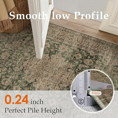 2x8 Washable Vintage Runner Rug Green Brown Hallway Kitchen Carpet Non-Slip Soft Low Pile Distressed Throw Rug for Bedroom Bathroom Laundry Living Room