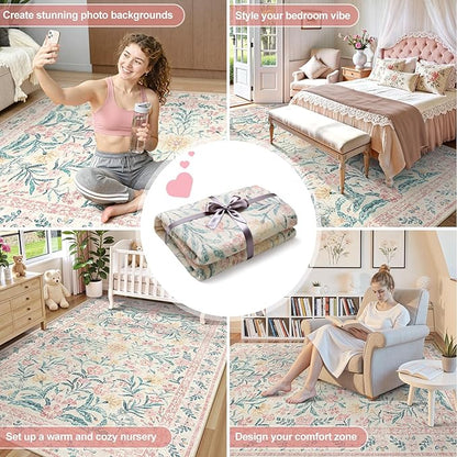Wonnitar Pink Rugs for Bedroom Girls, 5x7 Washable Rug for Nursery Decor, Boho Soft Floral Carpet Non Slip, Indoor Ultra-Thin Floor Carpet for Baby Kids Room Living Room Dorm