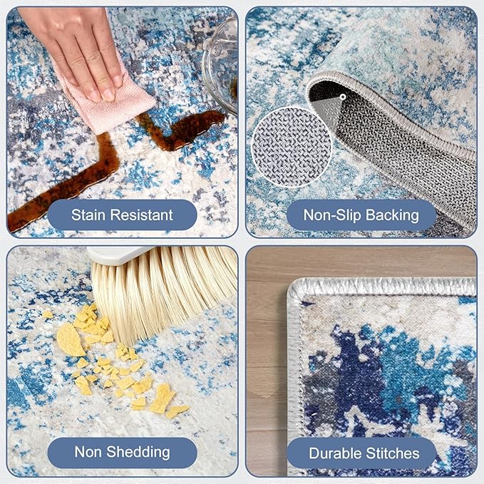 Washable Area Rug for Living Room 6x9 - Neutral Modern Abstract Rugs, Soft Non Slip Thin Carpet with for Bedroom, Under Dining Room Table, Home, Office, Dorm - Blue Gray
