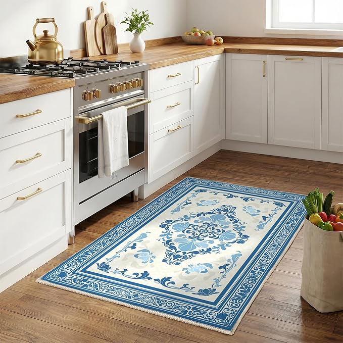 SOULFUL Medium Pile 3x5 Area Rug - Soft Foot Feel Small Entryway Rug - Blue Boho Floral - Washable Non-Slip - Perfect for Living Room Bedroom Foot Kids Room Reading Nook