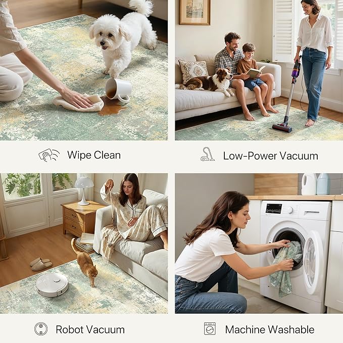 5x7 Area Rugs Washable Green Rug for Living Room Bedroom, Abstract Modern Large Rug Non Slip, Water Repellent Low Pile Soft Carpet for Dining Room, Grey Green