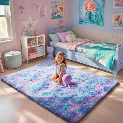 Ophanie Rainbow Purple Rug for Bedroom Girls, Unicorn Colorful Mermaid Fluffy Soft Cute Fuzzy Area Rugs, Shag Plush Shaggy 4x6 Furry Carpet for Kids Baby Teen Dorm Nursery Home Decor Aesthetic