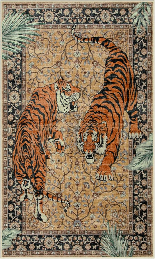 Moynesa Tiger Washable Rugs, 3x5 Entry Area Rugs, Non Slip Vintage Soft Living Room Carpet, Boho Low Pile Stain Resistant Indoor Throw Mat for Kitchen Bedroom Entrance, Camel