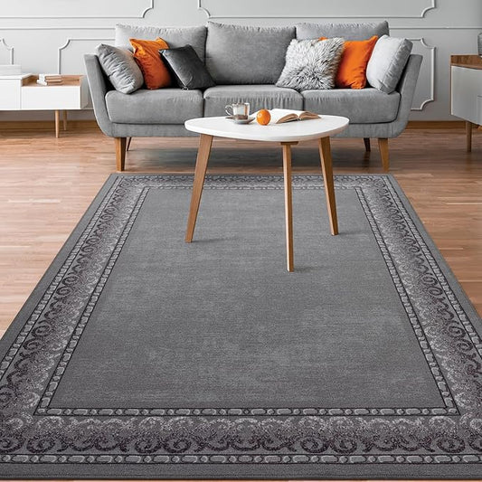 Antep Rugs Alfombras Bordered Modern 8x10 Non-Slip (Non-Skid) Low Pile Rubber Backing Indoor Area Rug (Gray, 7'10" x 10')