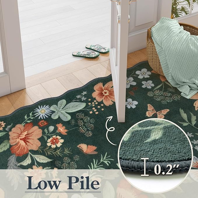 Lahome Floral Machine Washable Rug, 3x5 Rug Non Slip Soft Bedroom Rugs for Entryway Dorm, Ultra-Thin Boho Rugs for Living Room Stain Resistan Throw Carpet for Nursery Entrance, Dark Green