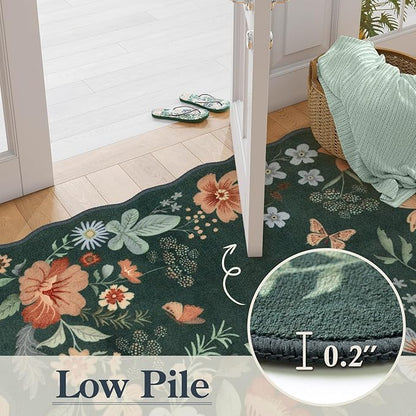 Lahome Floral Hallway Runner Rug Non Slip, 2'6''x10' Washable Runner Rug Soft Ultra-Thin Soft Runners for Hallways, Kitchen Runners Distressed Carpet for Entryway Bathroom(Dark Green)