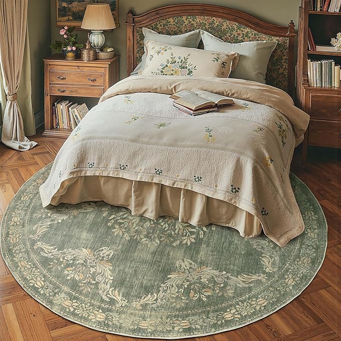 jinchan Round Rug 8ft Area Rugs,Vintage Floral Distressed Design Machine Washable Soft Non-Slip Low-Pile Ultra-Thin Circle Rug for Living Room Dining Room Bedroom Home Office (8' Round,Dark Green)