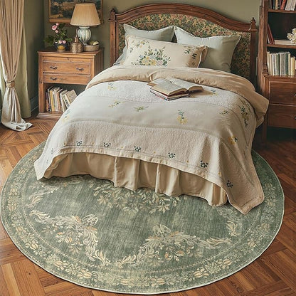 jinchan Round Rug 8ft Area Rugs,Vintage Floral Distressed Design Machine Washable Soft Non-Slip Low-Pile Ultra-Thin Circle Rug for Living Room Dining Room Bedroom Home Office (8' Round,Dark Green)