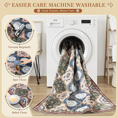 EnHomee Area Rugs 3x5, Soft Washable Rugs for Living Room Bedroom, Boho Non Slip Low Pile Stain Resistant Washable Rug Large Carpet for Dining Room,Easy to Clean Living Room Rug, Red & Green